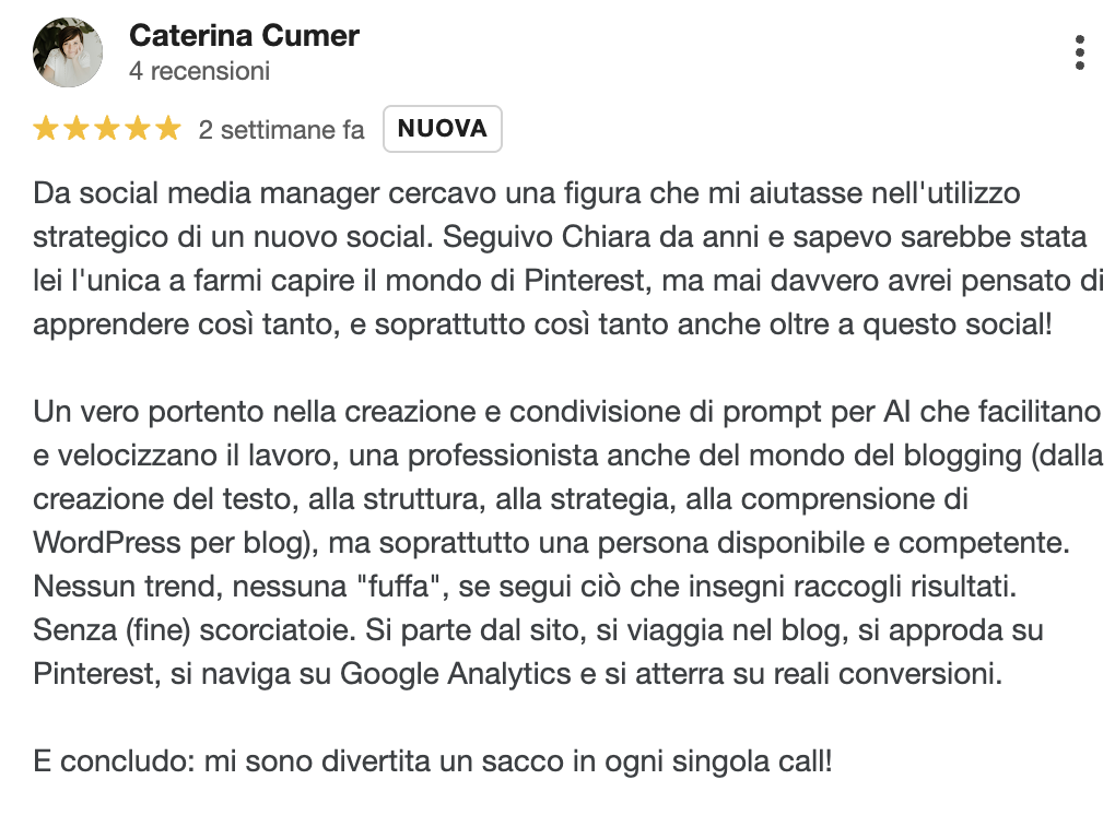 Recensione 5 stelle di Caterina Cumer per Pinterest Power Advanced corso, Aumentare il traffico sul sito con pinterest